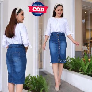 Rok Span Jeans Wanita Jumbo Shelin Rok Jeans Pendek Kancing Hidup Rok Jeans Strectch Kekinian