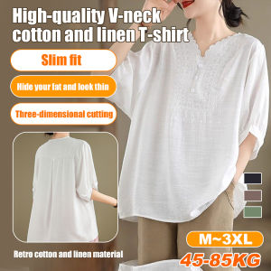 💕Literary and High-End Feeling💕Womens Large Size Cotton and Linen T-Shirt New Summer Style Retro Loose Three-Quarter Sleeves Summer Clothes for Mothers  Help to Lose Weight