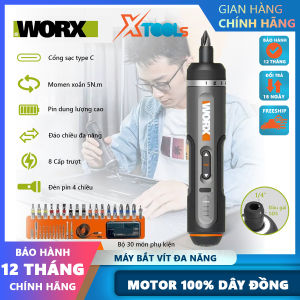 Máy bắn vít mini dùng pin WORX WX242 4V lực siết max 5N.m Máy vặn siết vít 7 cấp trượt kèm 30 đầu vít và nối vít cổng sạc type C tiện dụng