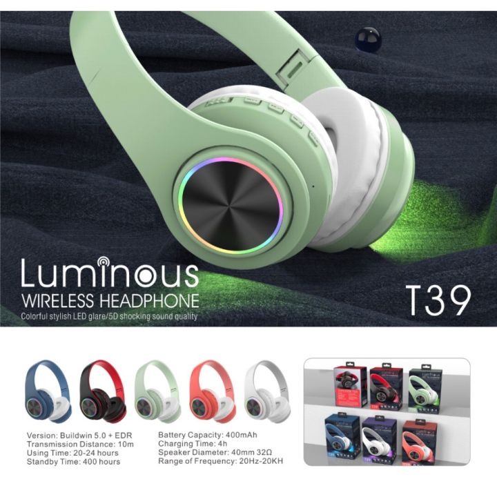 Ready Stock】🔥T39 Wireless Headset Bluetooth Colorful LED