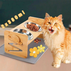 WISFOR Eco Double Cat Bowl Non-slip Pet Bowls Stand Dog Elevated Wooden Feeder Food Water Raised Lifted