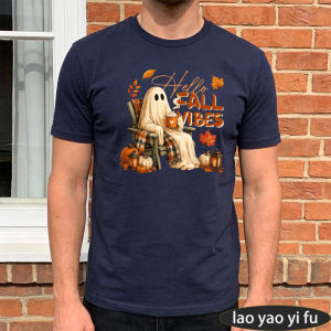 [Local Stock] HBESTY  Hello Fall Vibes Crew Neck Men Women Summer Cotton Tee Classic Fall Ghost Pumpkin Graphic Autumn Lover Holiday Apparel