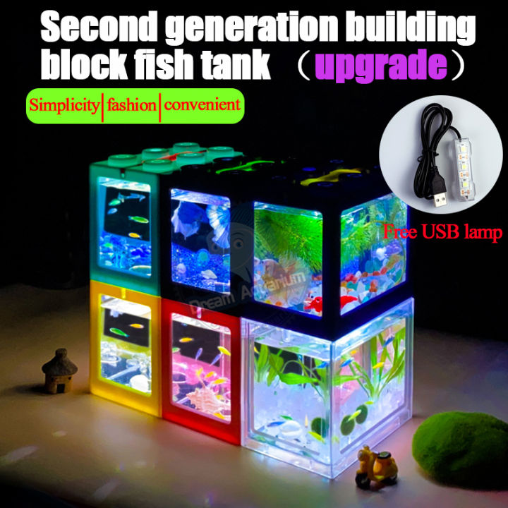 Mini Aquarium Fish Box With USB + LEDLight Building block fish ...