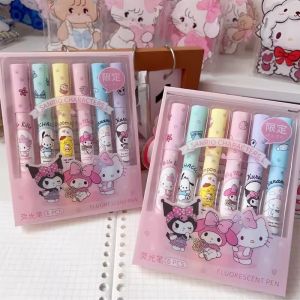 Sanrio 6Pcs Hello Kitty Highlighter Pen Set Kawaii Kuromi Cinnamoroll My Melody Art Fluorescent Markers Pens School Office Sta