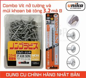 Combo ốc vít bắt tường 4mm và mũi khoan bê tông 3.2mm hàng chính hãng Unika Nhật bản - hộp 125 con vít F438 và mũi khoan B3.2