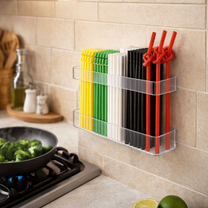 ZYJC Transparent Straw Storage Box Space-Saving Drill-Free Cabinet Organizer Super Sticky Tape Drainage Holes Wall-Mounted Shelf Pantry