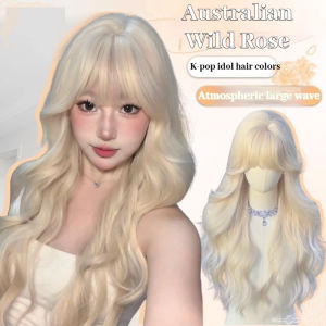 65CM Cosplay Golden Long Hair Wig with Bangs Big Wave Fluffy and Face Shaping Cos Daily Curly Hair Full Head Cover Cosplay Wig