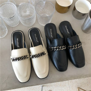 MANXIXI Women Fashion Mules Sandals Leather Beautiful Chain Inlay Flat Slippers (Size 35-41)