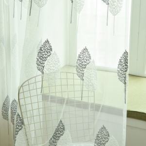 AnneyOneDecor Embroidered White Grey Leaves Sheer Curtain Tulle Door Window Curtain Voile Curtain for Sliding Door