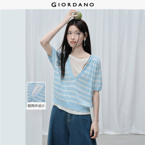 Giordano Women Fake two-piece striped short sleeve hooded sweater Free Shipping 18356309