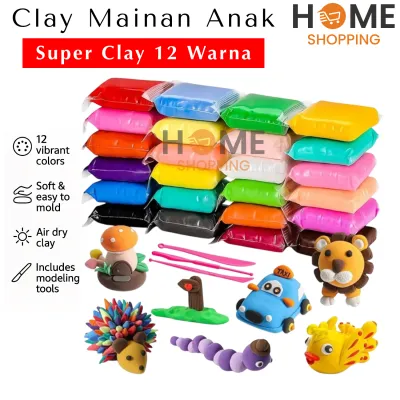 HS - Air Dry Clay Set | 12 Warna Clay Kreatif + Alat Cetak Anak | Clay Mainan Anak Isi 12 Pcs | Ultralight Clay | Super Clay | Clay Polymer