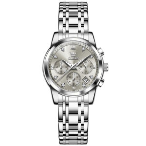 OLEVS 2858 Women Quartz Fashion Watch Gift Round-dial Stainless Steel Watchband Wristwatch Chronograph Calendar Luminous Small second