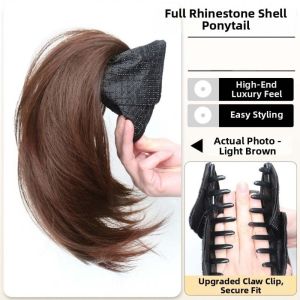 OMQAIO Tổng hợp Tóc giả kẹp đuôi ngựa kiểu Shell Claw với Grab Clip Thanh lịch Tóc giả đuôi ngựa thắt nơ Cổ điển Giả mạo Tóc đuôi ngựa ngắn gợn sóng nhiều lớp dành cho phụ nữ