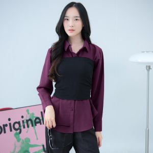 Livi Top Mix Kemben | Kemeja Wanit Casual | Atasan Mix Kemben Korean Style | Kemeja Daily Simple