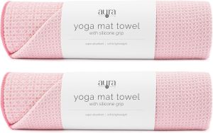 S&T INC. Yoga Mat Towel with Non-Slip Grip Enhanced Silicone Grip Soft and Absorbent for Gym Pilates and Hot Yoga Mat 2 Pack 24 inches x 72 inches 340GSM Pink and Grey