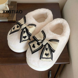 XIXITIAO Fairy Style Heart Bow Warm Plush Cotton Slippers for Women Winter Internet Celebrity New Home Casual Soft Sole Maternity Shoes