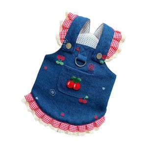 OUTOPEN Denim Cherry Pet Dog Skirt Suspender Dress Breathable Mesh Cat Clothes Cute Soft Vest Dog Denim Dress Spring Summer