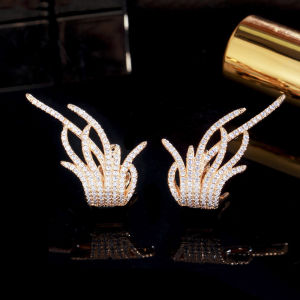 SEQUITO Korean Gorgeous Ladies Jewelry Gold Plated Full Micro Inlay Tiny Bling CZ Zirconia Grass Shape Small Stud Earrings for Christmas Party Gift SE668