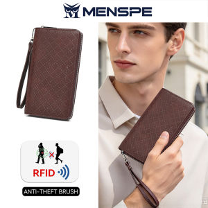 MENSPE Fashion Long Wallet Men Long PU Leather Wallet RFID Blocking Anti-theft Zipper Purse Detachable Wrist Strap Large Capacity Card Holder