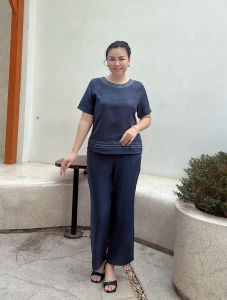 Đồ mặc nhà trung niên chất đũi vân mây tay ngắn quần dài mềm nhẹ thoáng mát cho quý cô sang trọng - Quà tặng cho mẹ