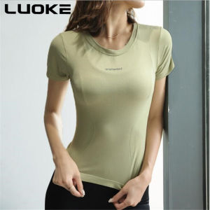 Luoke Yoga Short Sleeve Tshirt Womens Running Sports Sweat Absorbing Ventilating and Slim Outdoor Fitness Suit