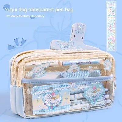 YILQQPER ✨Sanrio✨PVC Transparent Stationery Bag With Sticker Large-capacity Pencil Case Cute Multi-layer Stationery Bag Stationery Supplies Gifts