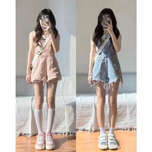 Celana pendek tali denim merah muda biru 006