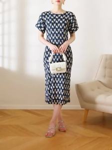 Miyake High-End Pleated Print French Puff Sleeve Dress #3734