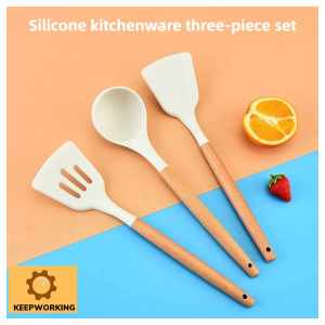 KEEP WORKING White Silicone Kitchenware 3PCS White Silicone Kitchenware Cooking Utensils Set Wooden Handle Non-Stick Spatula