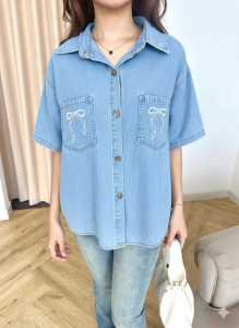 Nando ATASAN KEMEJA WANITA BAHAN DENIM BORDIR PITA LENGAN PENDEK SIMPLE DAILY ADEM