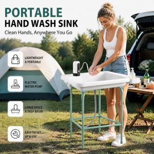 Portable Hand Wash Sink Station with Automatic Sensor Faucet Adjustable Outdoor Camping Sink Dishwashing Basin for RV Home Garden