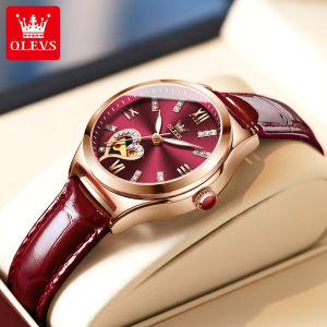 OLEVS Ladies Watch Diamond Set Waterproof Luminous Automatic Mechanical Movement Leather Strap Casual Cute Korean Style