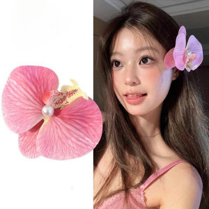 Hawaiian Pink Butterfly Orchid Flower Hair Clips for Women & Girls Beach Vacation Phalaenopsis Hairpin