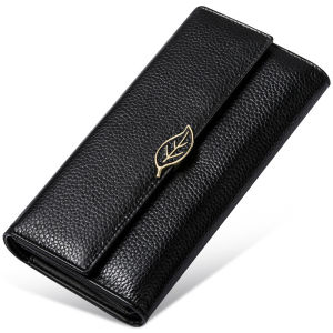 BANYANU Black Women Wallet Cow Genuine Leather Trifold Long Purse Card Holder Women Clutch Bags for Gifts