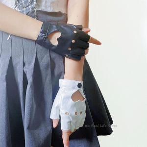 FDHT Hip Hop Party Heart Punk For Girls Hollow Women Gloves PU Leather Korean Anime Mittens Half Finger Gloves