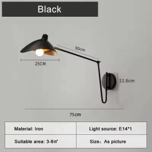 Black Swing Arm Wall Sconce Industrial Adjustable Metal Wall Lamp LED Reading Light for Bedroom Bedside Living Room Study E14.