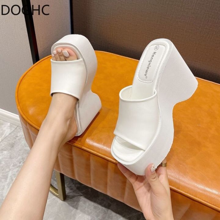 Big Size 43 Summer Black White Chunky Heeled Mules High Heels Leisure