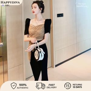 【Thriving】 WaQas Happy Diva.PH 2024 Summer New Women's Black Elegant Mesh Polka Dot One Step Slit Dress V-neck Puff Sleeves Hem Gown High Waist Wedding Formal Party Evening Bridesmaid Fashion Graduation Birthday Prom Tight Casual Work