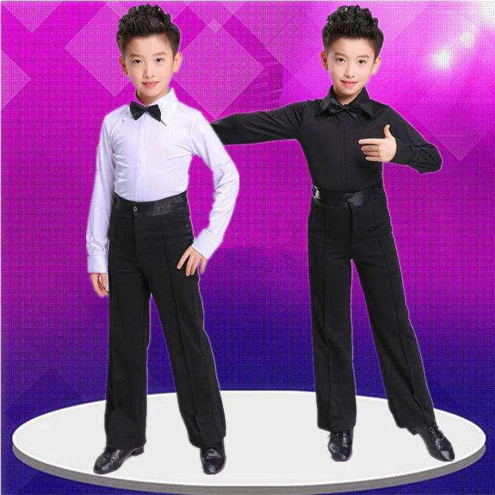 FECHENG 2023 Boys Latin Dance Costume Ballroom Cha Cha Rumba Tango Stage  Performance Clothing Set Children Black White Bow Dancewear