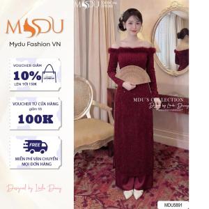 Áo Dài Thiết Kế MDU5891 Nhũ Kim Sa Đỏ Rượu Vang Trễ Vai Phối Lông Sang Trọng
