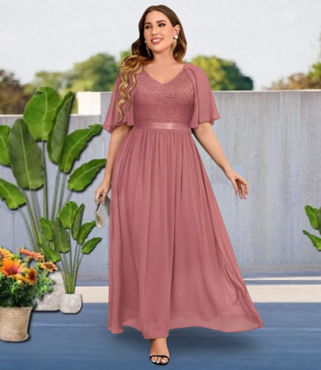 Plus Size Lace Bodice Butterfly Sleeve Chiffon Formal Party Elegant and Styled Prom Evening Wedding Guest Gown Graduation Occasional Maxi Dress V-Neck Plunge Neck Graduation Occasional Gown - Lazada