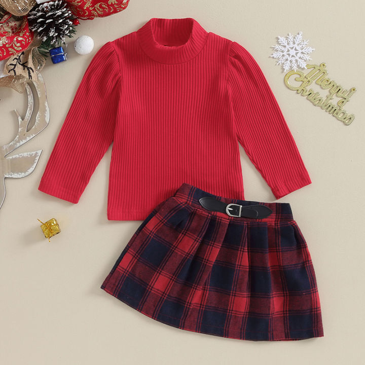 beautywoo Terno Outfits For Kids Girl Red Long Sleeve Ribbed Tops A line Plaid Skirt Sets Lazada PH