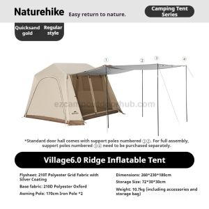 Naturehike VILLAGE 6.0 AIR BASE / FLAGSHIP Portable Foldable 4-5 Persons Multiple Setups Inflatable Cabin Ridge Tent 15m² Usable Space Enclosed Gate Hall Silver Coated Sunscreen Waterproof Outdoor Camping