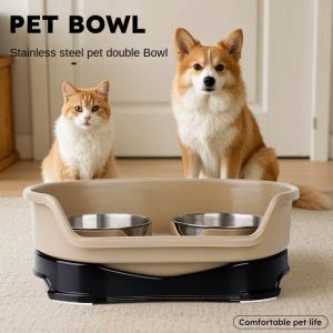FSFDS with Baffle Stainless Steel Dog Bowl Eating and Drinking Water Non-slip Pet Double Bowl Stylish Anti-tipping Feeding Basin Water Bowl Pet Feeding Supplies