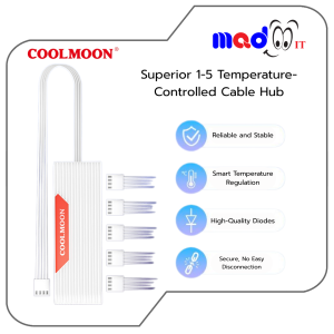Coolmoon PWM Fan Hub 1 to 5 ฮับพัดลม 4Pin+ARGB ใช้ไฟ SATA พร้อมเทปกาว ติดตั้งง่าย สำหรับ PC