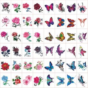 SAVIA 5/10/20/30/50 pcs Waterproof Temporary Tattoo Stickers 3D Texture Rose/ Butterfly Pattern Butterfly Tattoo Stickers Fake Tattoos Colorful Flower Tattoo Stickers Leg/ Arm/ Hand/Foot