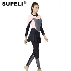 SUPERLI 2024 One Piece Swimwear Modest Islamic Swimsuit Zipper Swimming Suit Long Sleeve Tops For Muslim Women Full Body Swim Suit Butkini