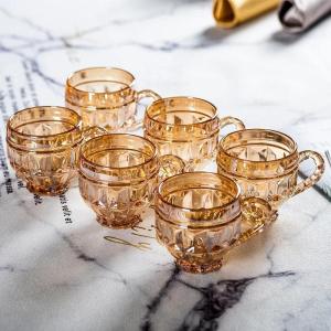 2 Pcs Vintage Amber Glass Cups Embossed Footed Coffee & Tea Cups with Handles Elegant Drinkware Gift Set with Box