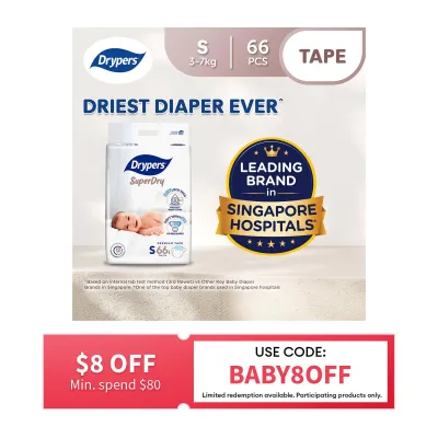 Drypers SuperDry Premium Tape Baby Diaper S 66s (3-7kg)