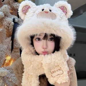 CHUAN Giữ ấm Khăn trùm đầu hình gấu nhỏ Chống gió 3 trong 1 Găng tay Khăn quàng cổ Mũ Dễ thương Bảo vệ tai Khăn len mùa đông dành cho phụ nữ